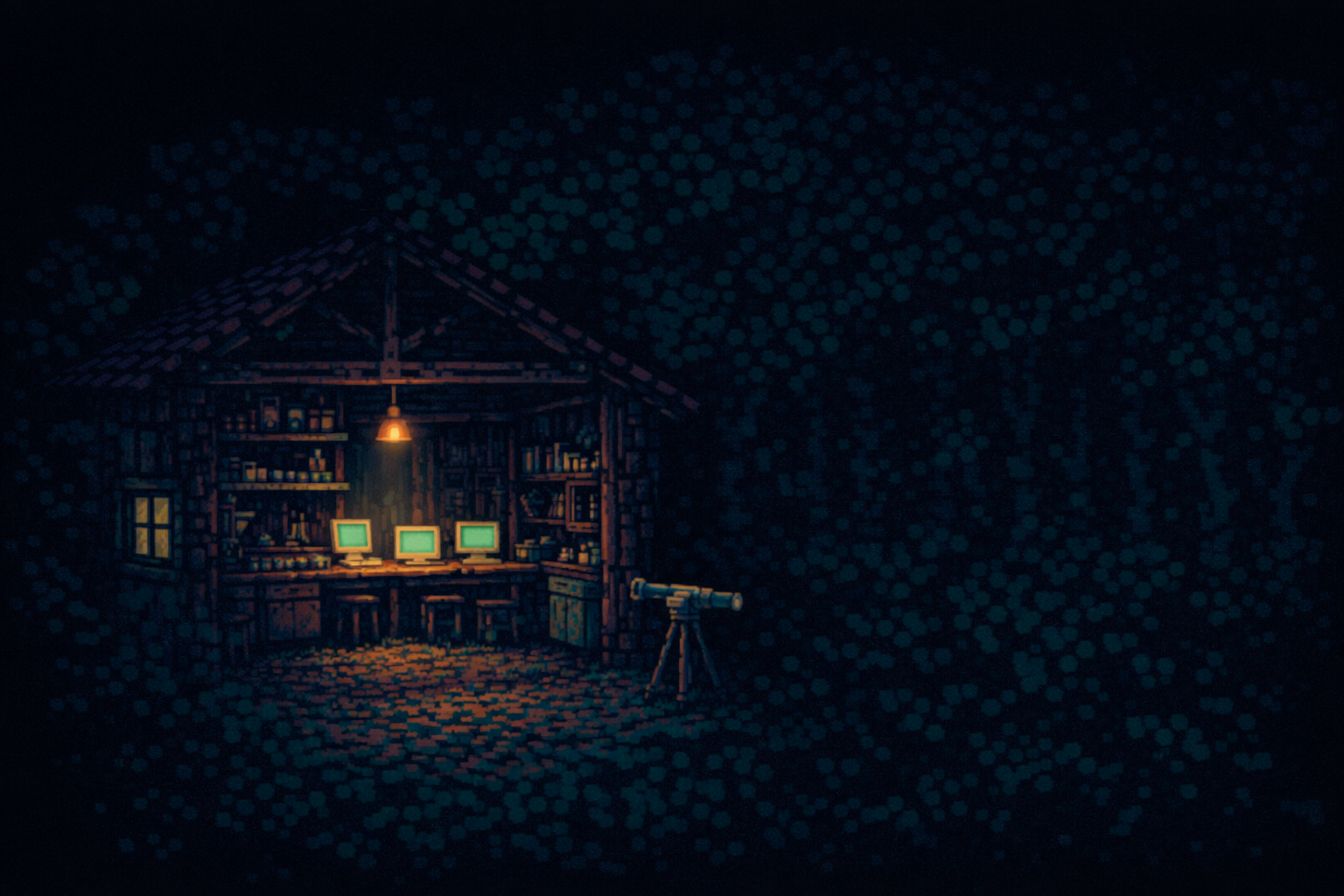 A pixel art workshop glowing in a dark forest.